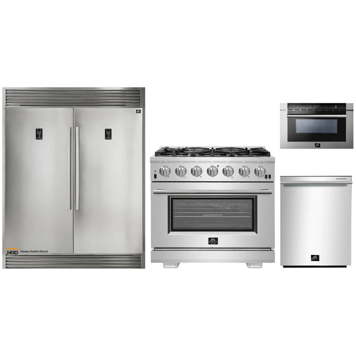 Forno 4-Piece Pro Appliance Package - 36-Inch Gas Range, 56-Inch Pro-Style Refrigerator, Microwave Drawer, & 3-Rack Dishwasher in Stainless Steel FORNO