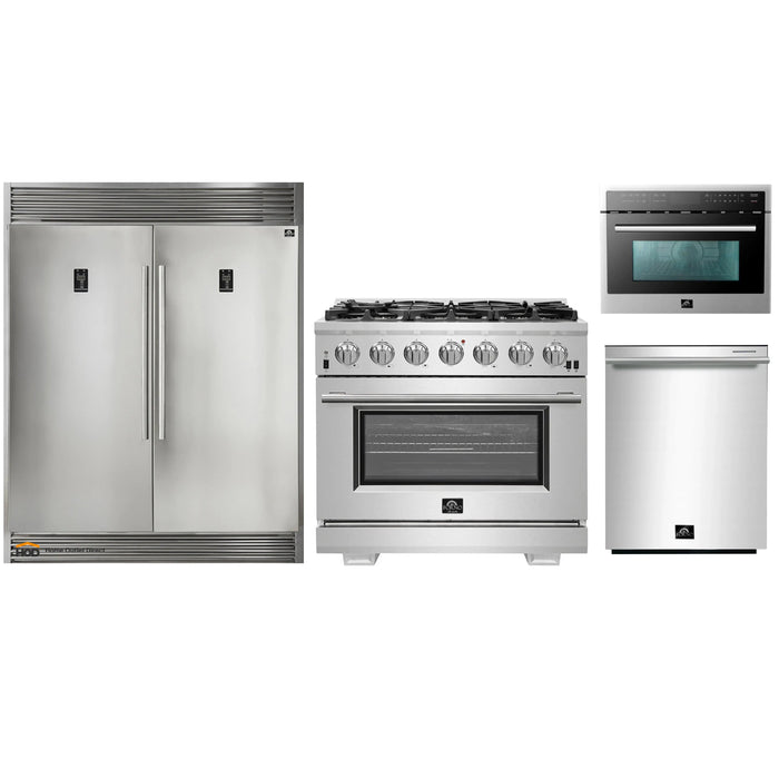 Forno 4-Piece Pro Appliance Package - 36-Inch Gas Range, 56-Inch Pro-Style Refrigerator, Microwave Oven, & 3-Rack Dishwasher in Stainless Steel FORNO