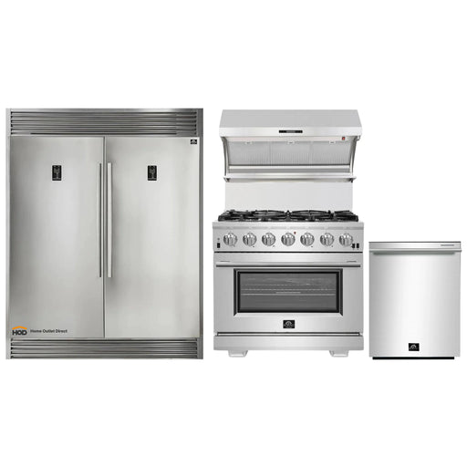 Forno 4-Piece Pro Appliance Package - 36-Inch Gas Range, Wall Mount Hood with Backsplash, 56-Inch Pro-Style Refrigerator, and Dishwasher in Stainless Steel FORNO