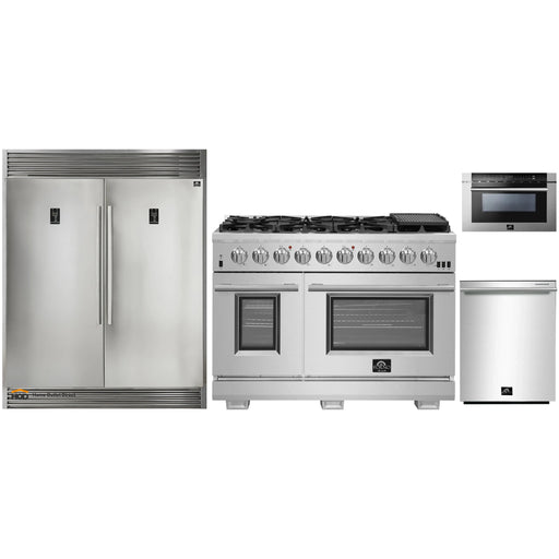 Forno 4-Piece Pro Appliance Package - 48-Inch Gas Range, 56-Inch Pro-Style Refrigerator, Microwave Drawer, & 3-Rack Dishwasher in Stainless Steel FORNO