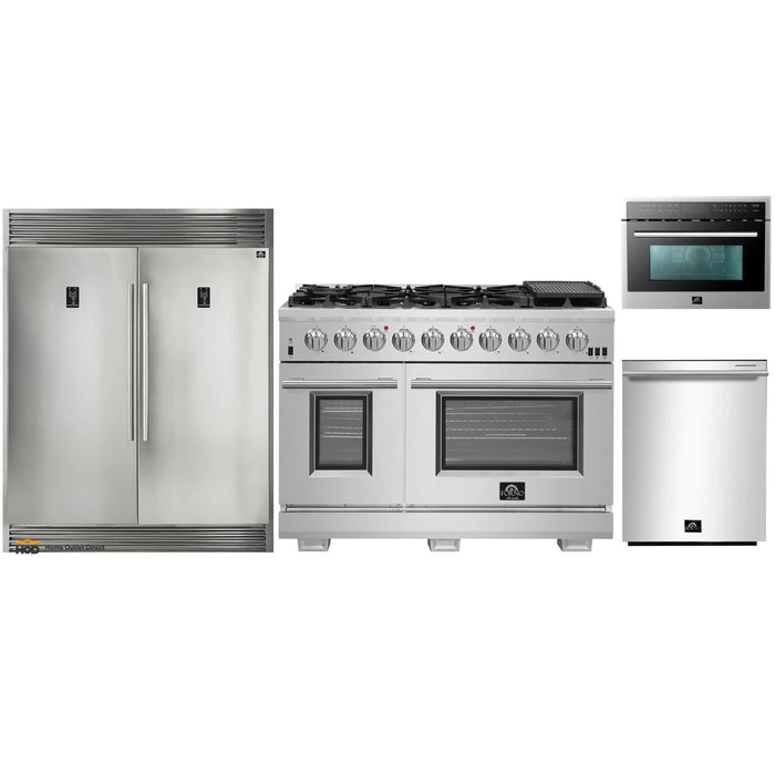 Forno 4-Piece Pro Appliance Package - 48-Inch Gas Range, 56-Inch Pro-Style Refrigerator, Microwave Oven, & 3-Rack Dishwasher in Stainless Steel FORNO