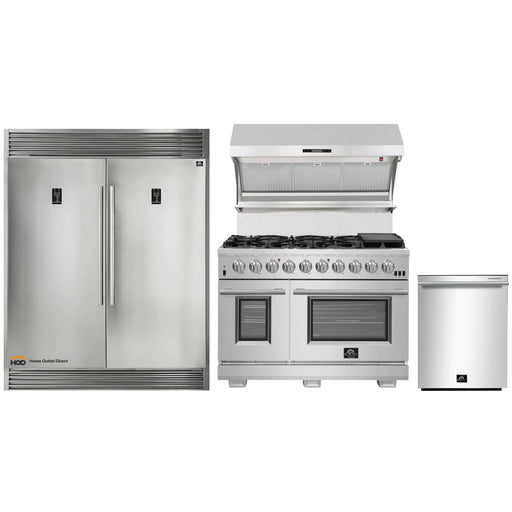 Forno 4-Piece Pro Appliance Package - 48-Inch Gas Range, Premium Hood, 56-Inch Pro-Style Refrigerator, and Dishwasher in Stainless Steel FORNO