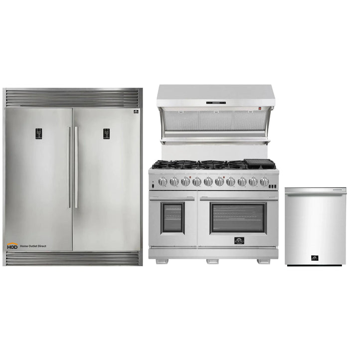 Forno 4-Piece Pro Appliance Package - 48-Inch Gas Range, Premium Hood, 56-Inch Pro-Style Refrigerator, and Dishwasher in Stainless Steel FORNO