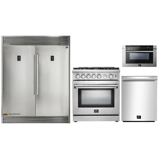 Forno 4-Piece Appliance Package - 30-Inch Gas Range, 56-Inch Pro-Style Refrigerator, Microwave Drawer, & 3-Rack Dishwasher in Stainless Steel FORNO
