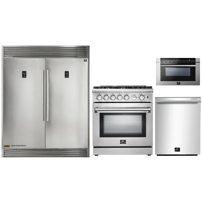 Forno 4-Piece Appliance Package - 30-Inch Gas Range, 56-Inch Pro-Style Refrigerator, Microwave Drawer, & 3-Rack Dishwasher in Stainless Steel FORNO