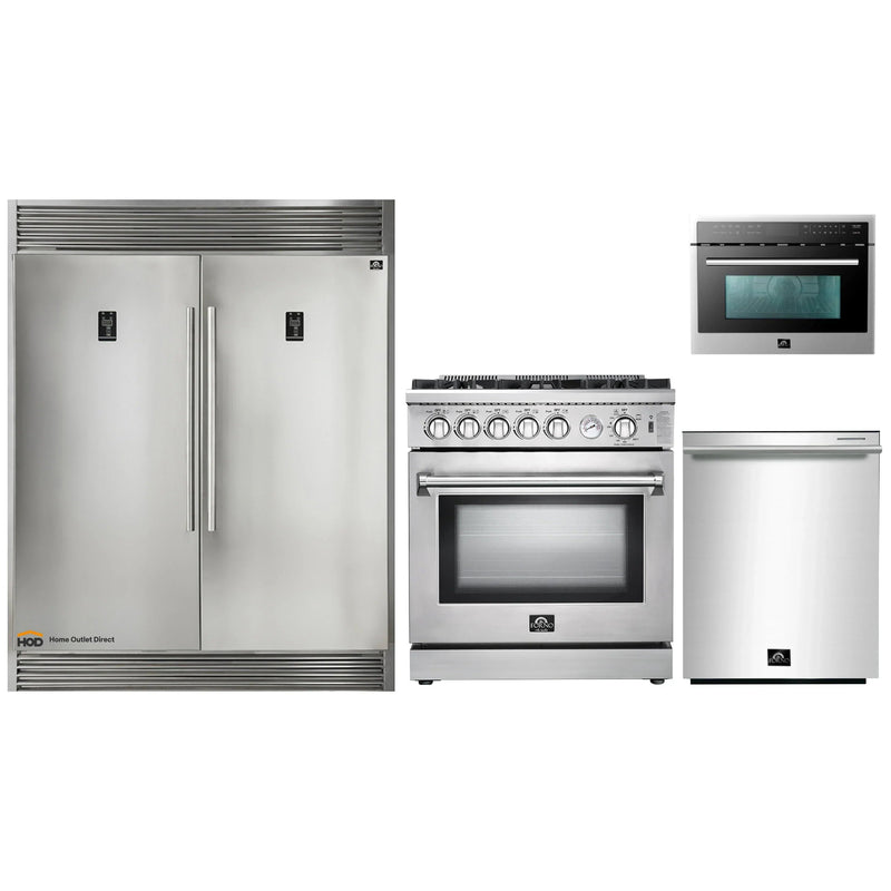 Forno 4-Piece Appliance Package - 30-Inch Gas Range, 56-Inch Pro-Style Refrigerator, Microwave Oven, & 3-Rack Dishwasher in Stainless Steel