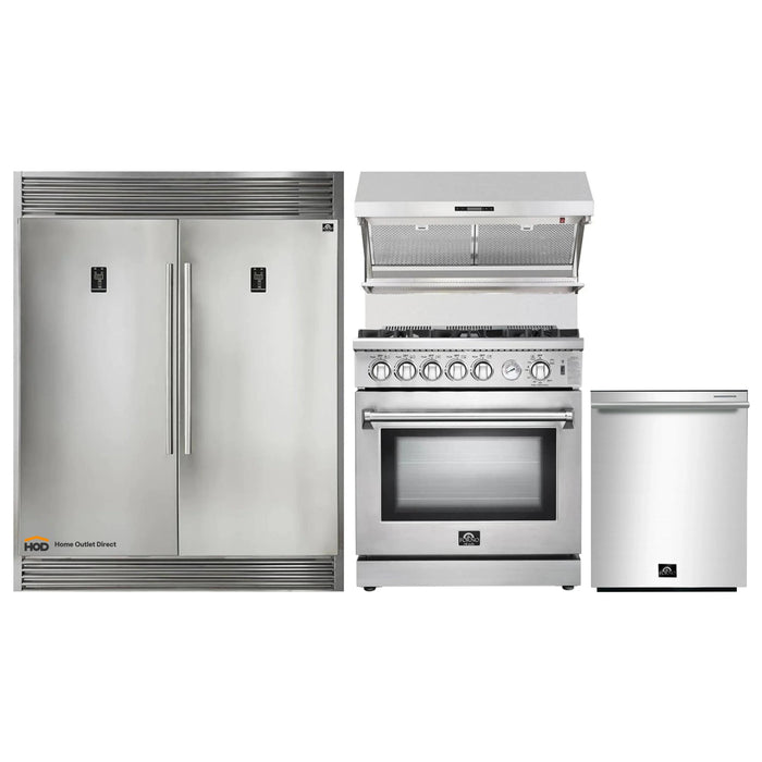 Forno 4-Piece Appliance Package - 30-Inch Gas Range, 56-Inch Pro-Style Refrigerator, Wall Mount Hood with Backsplash, & 3-Rack Dishwasher in Stainless Steel FORNO