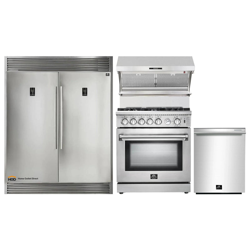 Forno 4-Piece Appliance Package - 30-Inch Gas Range, 56-Inch Pro-Style Refrigerator, Wall Mount Hood with Backsplash, & 3-Rack Dishwasher in Stainless Steel