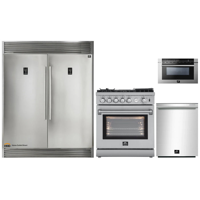 Forno 4-Piece Appliance Package - 30-Inch Gas Range with Air Fryer, 56-Inch Pro-Style Refrigerator, Microwave Drawer, & 3-Rack Dishwasher in Stainless Steel FORNO