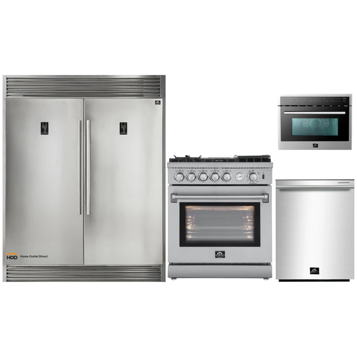 Forno 4-Piece Appliance Package - 30-Inch Gas Range with Air Fryer, 56-Inch Pro-Style Refrigerator, Microwave Oven, & 3-Rack Dishwasher in Stainless Steel FORNO