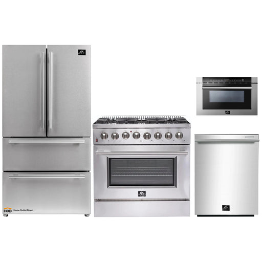 Forno 4-Piece Appliance Package - 36-Inch Dual Fuel Range, Refrigerator, Microwave Drawer, & 3-Rack Dishwasher in Stainless Steel FORNO