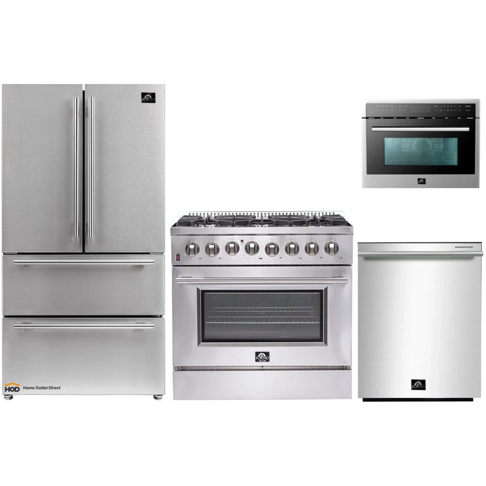 Forno 4-Piece Appliance Package - 36-Inch Dual Fuel Range, Refrigerator, Microwave Oven, & 3-Rack Dishwasher in Stainless Steel FORNO