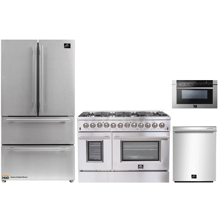 Forno 4-Piece Appliance Package - 48-Inch Dual Fuel Range, Refrigerator, Microwave Drawer, & 3-Rack Dishwasher in Stainless Steel FORNO
