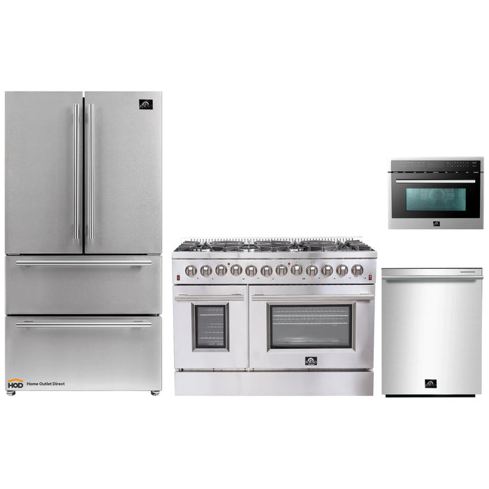 Forno 4-Piece Appliance Package - 48-Inch Dual Fuel Range, Refrigerator, Microwave Oven, & 3-Rack Dishwasher in Stainless Steel FORNO