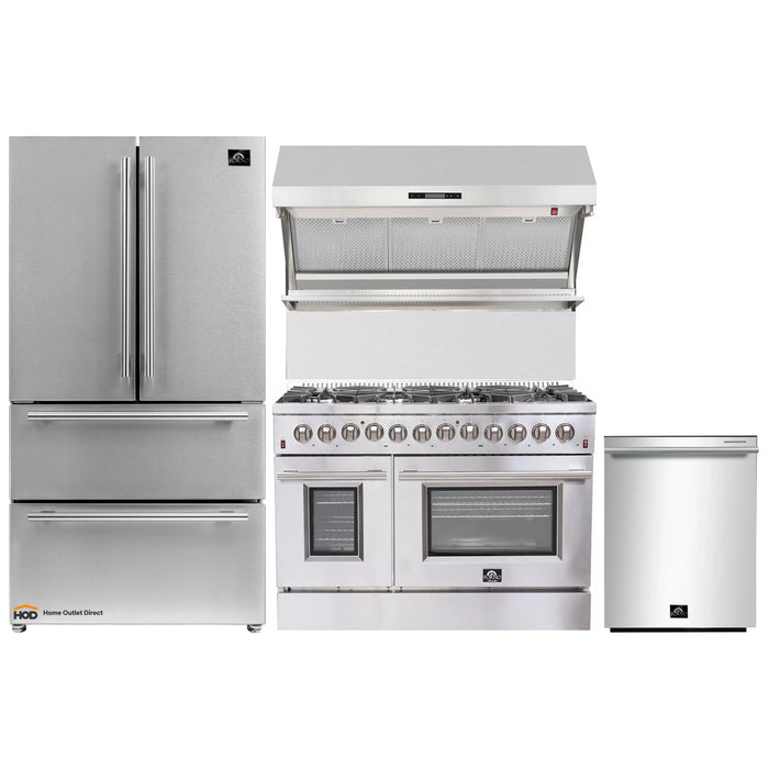 Forno 4-Piece Appliance Package - 48-Inch Dual Fuel Range, Refrigerator, Wall Mount Hood with Backsplash, & 3-Rack Dishwasher in Stainless Steel FORNO