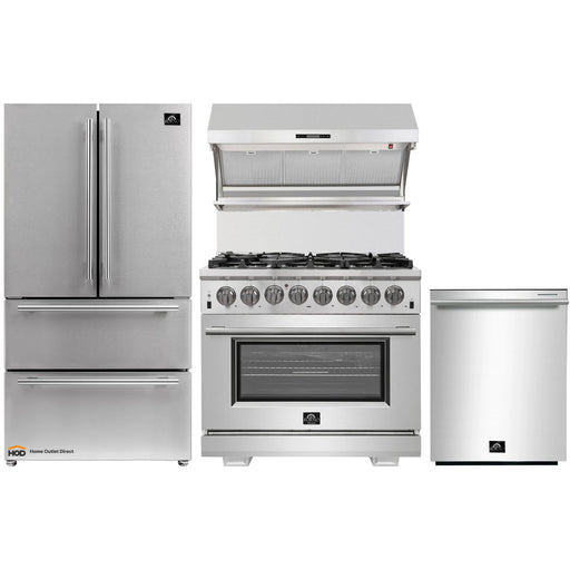 Forno 4-Piece Pro Appliance Package - 36-Inch Dual Fuel Range, French Door Refrigerator, Wall Mount Hood with Backsplash, and Dishwasher in Stainless Steel FORNO