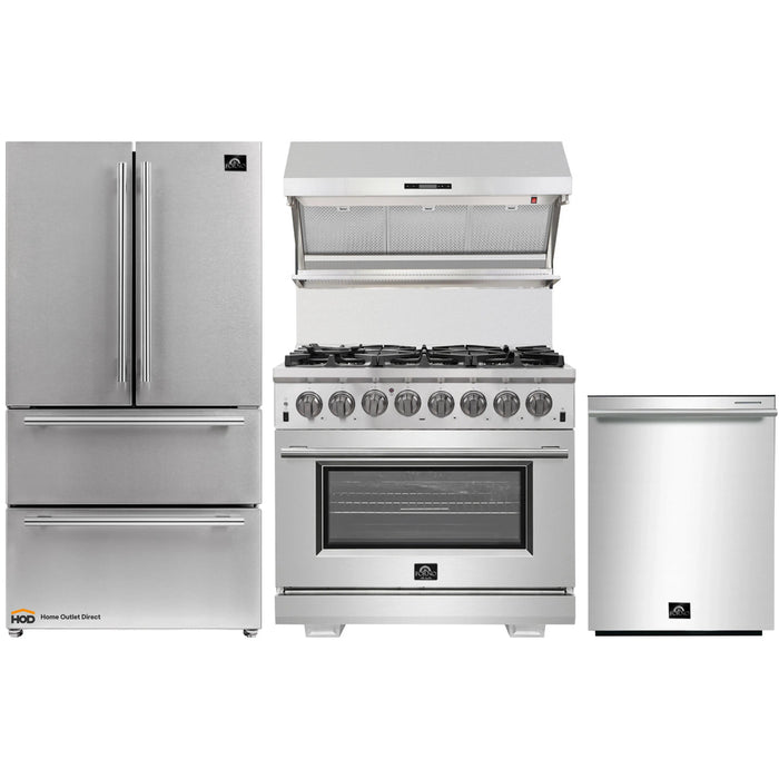 Forno 4-Piece Pro Appliance Package - 36-Inch Dual Fuel Range, French Door Refrigerator, Wall Mount Hood with Backsplash, and Dishwasher in Stainless Steel FORNO