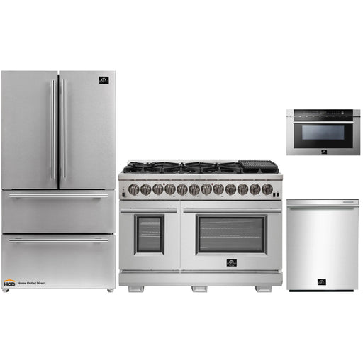 Forno 4-Piece Pro Appliance Package - 48-Inch Dual Fuel Range, Refrigerator, Microwave Drawer, & 3-Rack Dishwasher in Stainless Steel FORNO