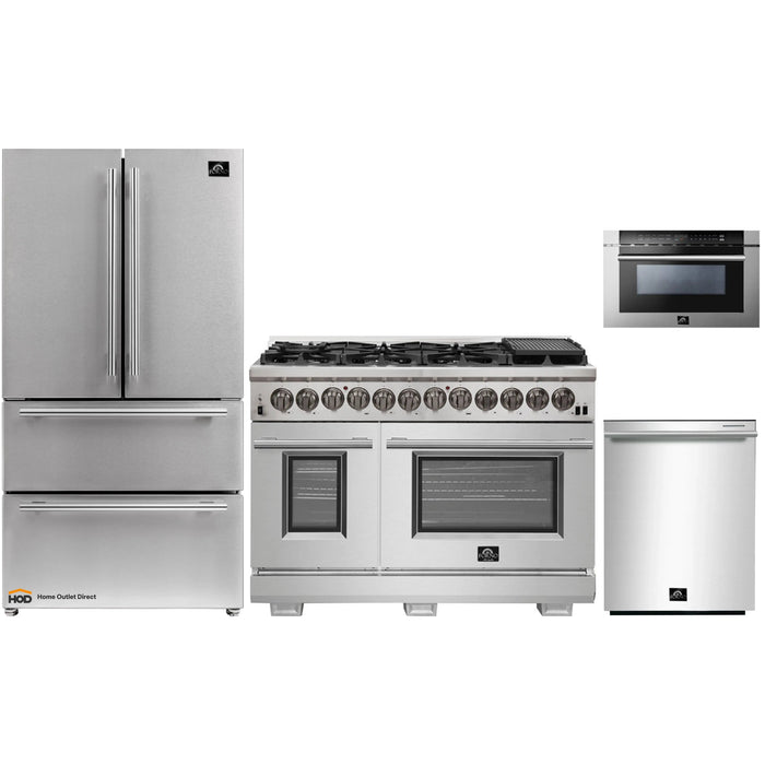Forno 4-Piece Pro Appliance Package - 48-Inch Dual Fuel Range, Refrigerator, Microwave Drawer, & 3-Rack Dishwasher in Stainless Steel FORNO