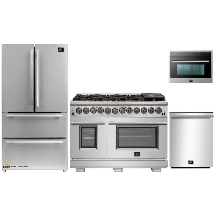 Forno 4-Piece Pro Appliance Package - 48-Inch Dual Fuel Range, Refrigerator, Microwave Oven, & 3-Rack Dishwasher in Stainless Steel FORNO