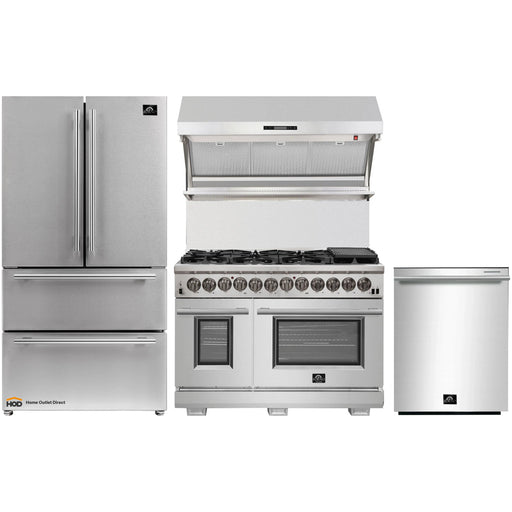 Forno 4-Piece Pro Appliance Package - 48-Inch Dual Fuel Range, 36-Inch French Door Refrigerator, Wall Mount Hood with Backsplash, & Dishwasher in Stainless Steel FORNO