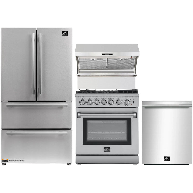 Forno 4-Piece Appliance Package - 30-Inch Dual Fuel Range with Air Fryer, Refrigerator, Wall Mount Hood with Backsplash, & 3-Rack Dishwasher in Stainless Steel