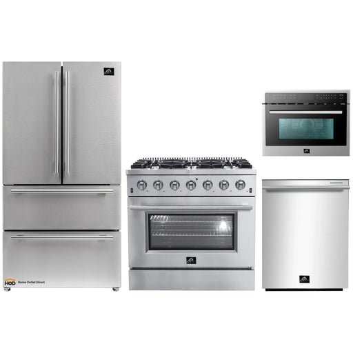 Forno 4-Piece Appliance Package - 36-Inch Gas Range, Refrigerator, Microwave Oven, & 3-Rack Dishwasher in Stainless Steel FORNO