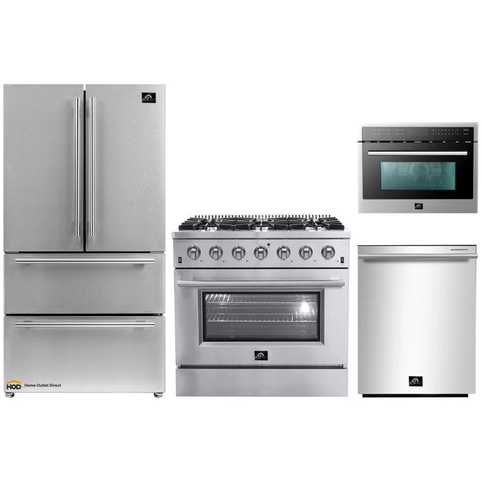 Forno 4-Piece Appliance Package - 36-Inch Gas Range, Refrigerator, Microwave Oven, & 3-Rack Dishwasher in Stainless Steel FORNO