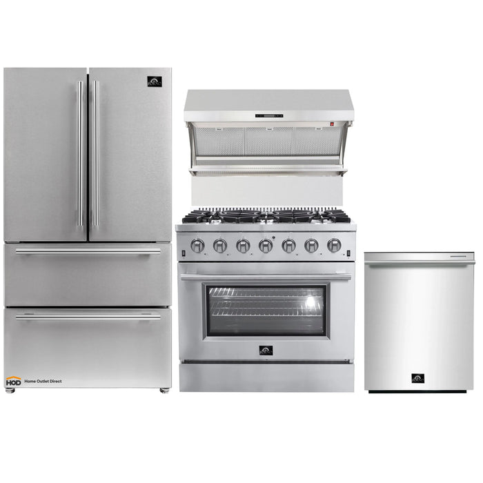 Forno 4-Piece Appliance Package - 36-Inch Gas Range, Refrigerator, Wall Mount Hood with Backsplash, & 3-Rack Dishwasher in Stainless Steel FORNO