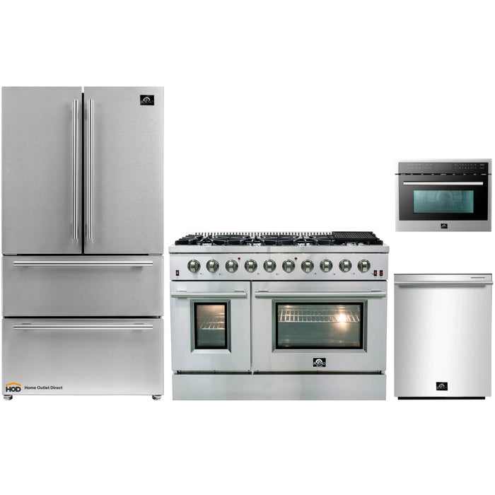 Forno 4-Piece Appliance Package - 48-Inch Gas Range, Refrigerator, Microwave Oven, & 3-Rack Dishwasher in Stainless Steel FORNO