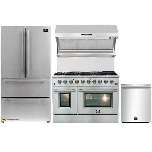 Forno 4-Piece Appliance Package - 48-Inch Gas Range, Refrigerator, Wall Mount Hood with Backsplash, & 3-Rack Dishwasher in Stainless Steel FORNO