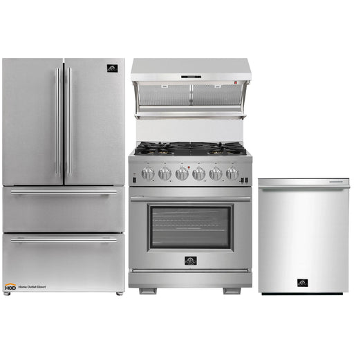Forno 4-Piece Pro Appliance Package - 30-Inch Gas Range, French Door Refrigerator, Wall Mount Hood with Backsplash, and Dishwasher in Stainless Steel FORNO