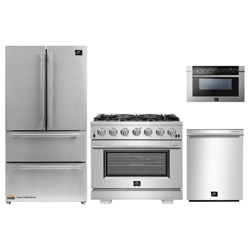 Forno 4-Piece Pro Appliance Package - 36-Inch Gas Range, Refrigerator, Microwave Drawer, & 3-Rack Dishwasher in Stainless Steel FORNO