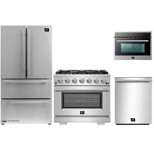 Forno 4-Piece Pro Appliance Package - 36-Inch Gas Range, Refrigerator, Microwave Oven, & 3-Rack Dishwasher in Stainless Steel FORNO