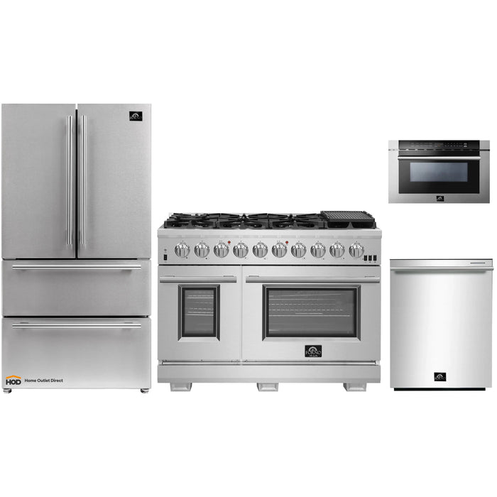 Forno 4-Piece Pro Appliance Package - 48-Inch Gas Range, Refrigerator, Microwave Drawer, & 3-Rack Dishwasher in Stainless Steel FORNO