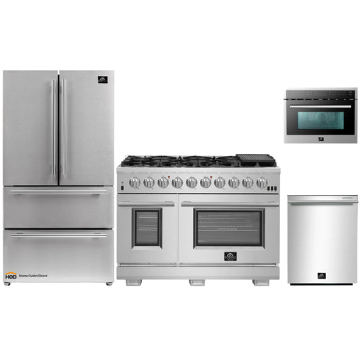 Forno 4-Piece Pro Appliance Package - 48-Inch Gas Range, Refrigerator, Microwave Oven, & 3-Rack Dishwasher in Stainless Steel FORNO