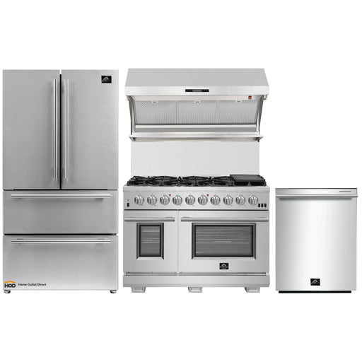 Forno 4-Piece Pro Appliance Package - 48-Inch Gas Range, Premium Hood, French Door Refrigerator, and Dishwasher in Stainless Steel FORNO