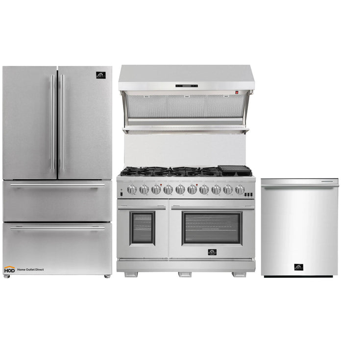 Forno 4-Piece Pro Appliance Package - 48-Inch Gas Range, Premium Hood, French Door Refrigerator, and Dishwasher in Stainless Steel FORNO
