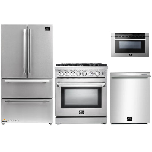 Forno 4-Piece Appliance Package - 30-Inch Gas Range, Refrigerator, Microwave Drawer, & 3-Rack Dishwasher in Stainless Steel FORNO