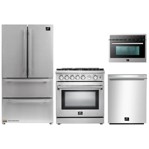Forno 4-Piece Appliance Package - 30-Inch Gas Range, Refrigerator, Microwave Oven, & 3-Rack Dishwasher in Stainless Steel FORNO
