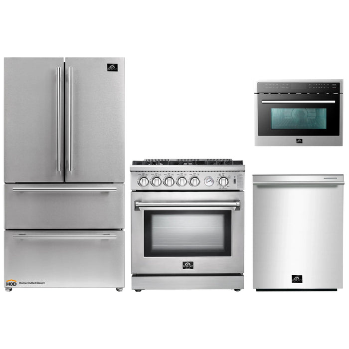 Forno 4-Piece Appliance Package - 30-Inch Gas Range, Refrigerator, Microwave Oven, & 3-Rack Dishwasher in Stainless Steel FORNO