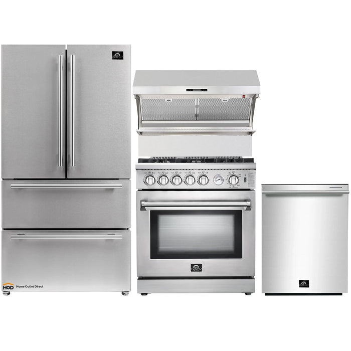 Forno 4-Piece Appliance Package - 30-Inch Gas Range, Refrigerator, Wall Mount Hood with Backsplash, & 3-Rack Dishwasher in Stainless Steel FORNO