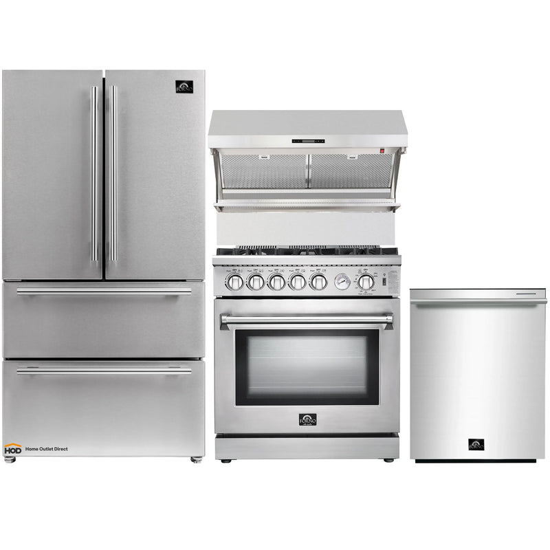 Forno 4-Piece Appliance Package - 30-Inch Gas Range, Refrigerator, Wall Mount Hood with Backsplash, & 3-Rack Dishwasher in Stainless Steel