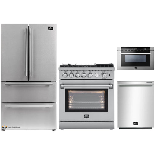 Forno 4-Piece Appliance Package - 30-Inch Gas Range with Air Fryer, Refrigerator, Microwave Drawer, & 3-Rack Dishwasher in Stainless Steel FORNO