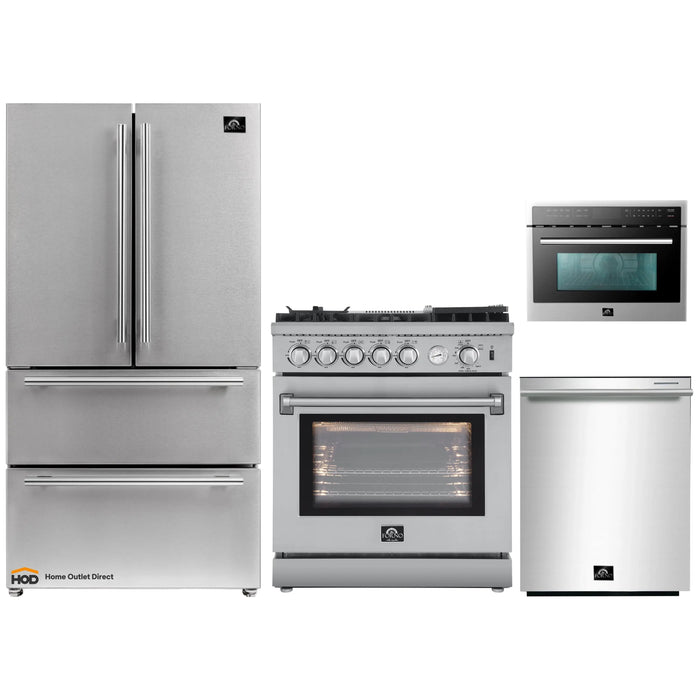 Forno 4-Piece Appliance Package - 30-Inch Gas Range with Air Fryer, Refrigerator, Microwave Oven, & 3-Rack Dishwasher in Stainless Steel FORNO