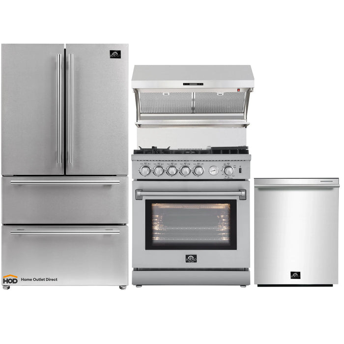 Forno 4-Piece Appliance Package - 30-Inch Gas Range with Air Fryer, Refrigerator, Wall Mount Hood with Backsplash, & 3-Rack Dishwasher in Stainless Steel FORNO