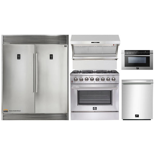 Forno 5-Piece Appliance Package - 36-Inch Dual Fuel Range, 56-Inch Pro-Style Refrigerator, Wall Mount Hood with Backsplash, Microwave Drawer, & 3-Rack Dishwasher in Stainless Steel FORNO