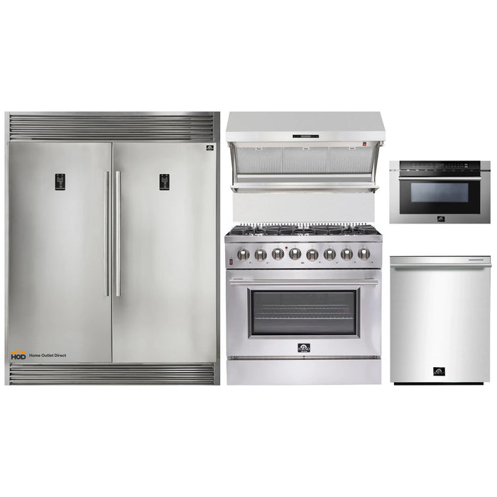 Forno 5-Piece Appliance Package - 36-Inch Dual Fuel Range, 56-Inch Pro-Style Refrigerator, Wall Mount Hood with Backsplash, Microwave Drawer, & 3-Rack Dishwasher in Stainless Steel FORNO