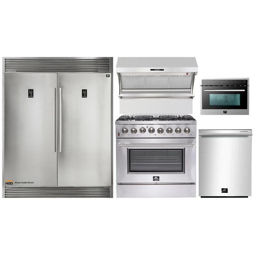 Forno 5-Piece Appliance Package - 36-Inch Dual Fuel Range, 56-Inch Pro-Style Refrigerator, Wall Mount Hood with Backsplash, Microwave Oven, & 3-Rack Dishwasher in Stainless Steel FORNO