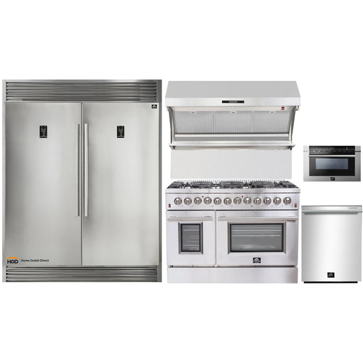 Forno 5-Piece Appliance Package - 48-Inch Dual Fuel Range, 56-Inch Pro-Style Refrigerator, Wall Mount Hood with Backsplash, Microwave Drawer, & 3-Rack Dishwasher in Stainless Steel FORNO